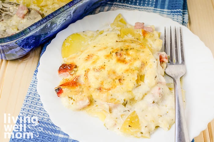 oven baked ham and potato casserole on a plate