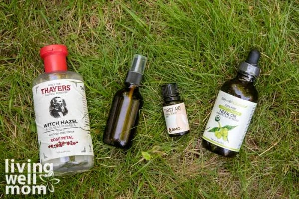 Ingredients to make a simple pain relief spray laying on the grass