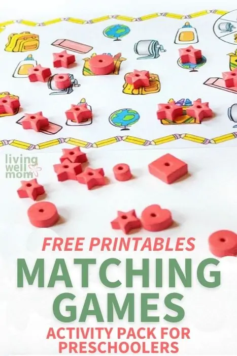 Pinterest image for free printables matching games activity pack for preschoolers. 