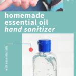homemade essential oil hand sanitizer on hands and bottle
