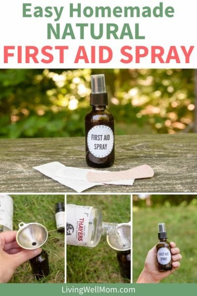 collection of brown glass spray bottle first aid spray and essential oil with a bandage on wood with woods background
