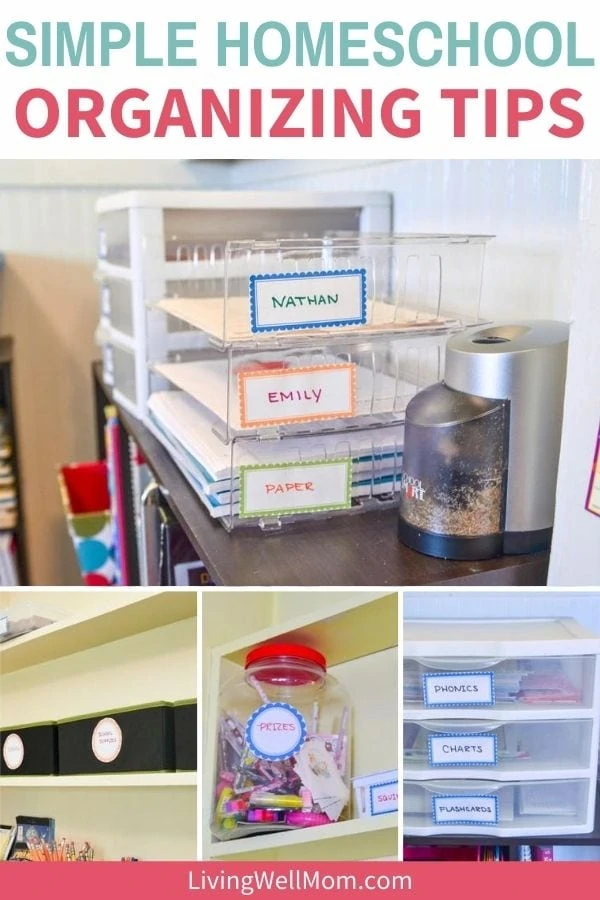 collage of organization containers to help create a learning space