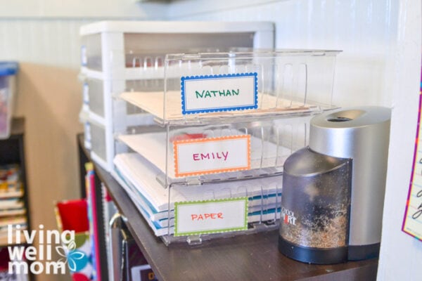 3 stacked acrylic trays for homeschool paper organization