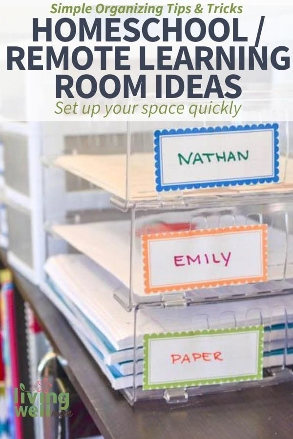 stacked paper sorter to organize homeschool or remote learning spaces