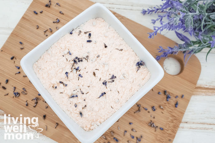 Recipe for homemade lavender orange bath salts with all natural ingredients. 