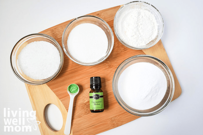 Ingredients for making your own fizzing baths alts including epsom salt and citric acid.