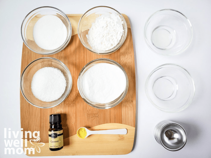 Ingredients for DIY bath bomb recipe including coconut oil. 