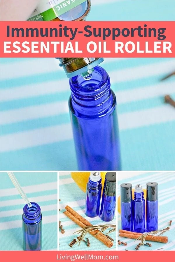 collection of photos making blue essential oil roller for immune support