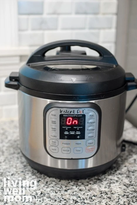 instant pot on granite countertop with 'on' signal