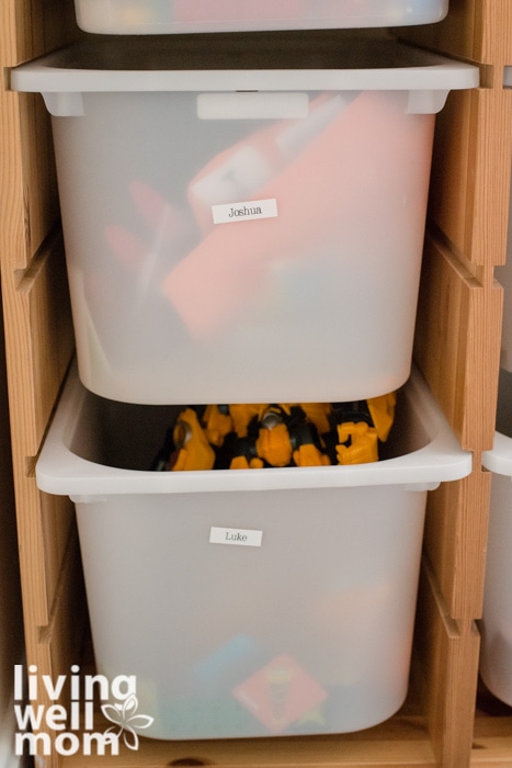 Labeled bins for toy organization