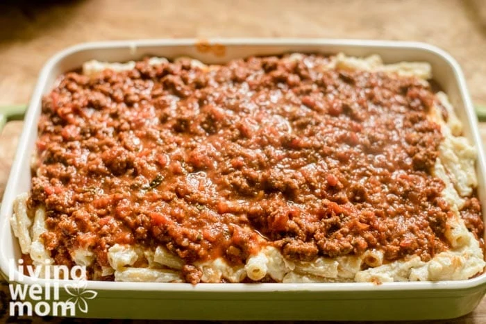 baked ziti with meat before going in the oven