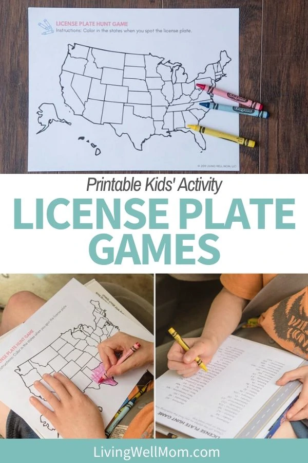 Pinterest graphic with a printable license plate game.