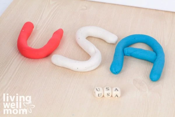 USA spelled out using playdough