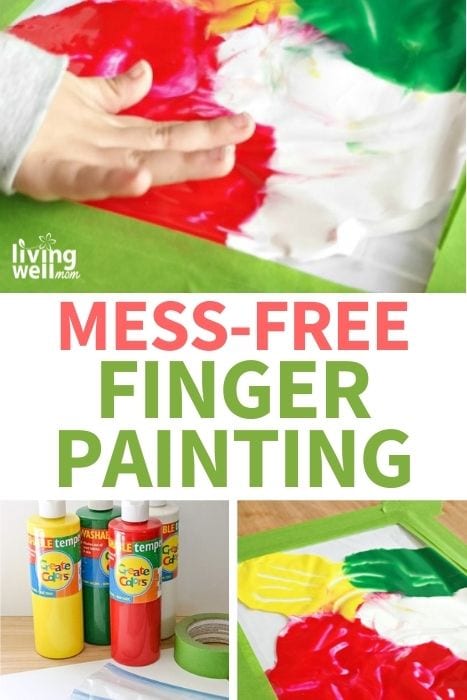 A child's hand pressing around paint in a mess-free finger painting activity image for Pinterest. 