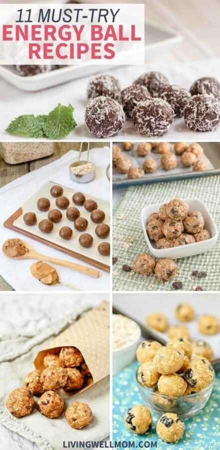 collage of different types of energy balls