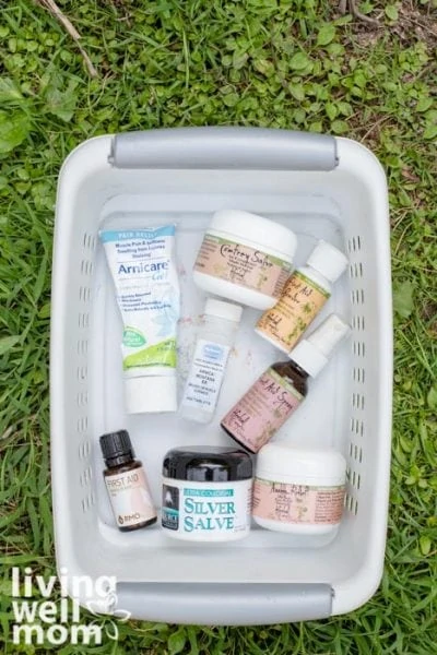 laundry basket full of natural first aid kit supplies