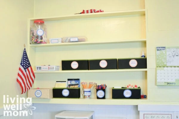 Narrow shelf with homeschool supplies