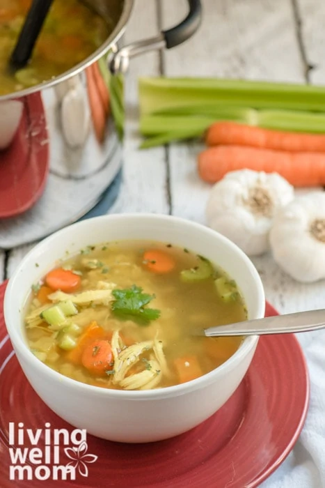 Chicken soup with celery, carrots, and garlic in the background