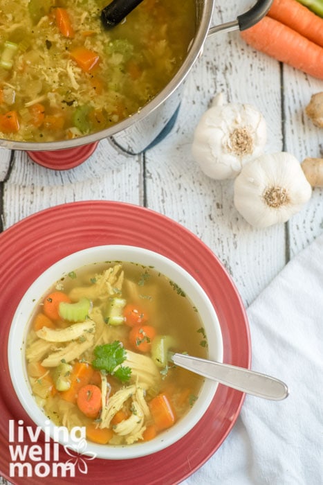 Bowl of paleo chicken soup with garlic in the background