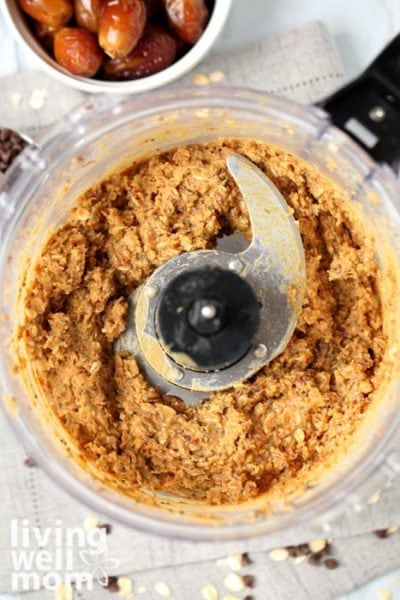 Peanut butter energy bites being made in a food processor