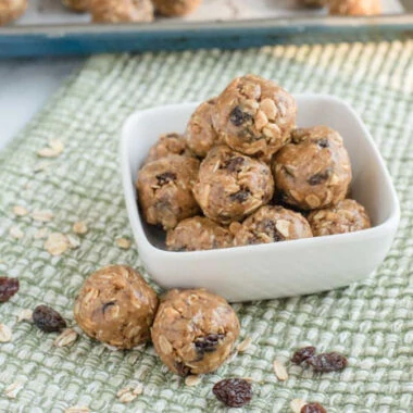 Peanut butter protein balls in a bowl