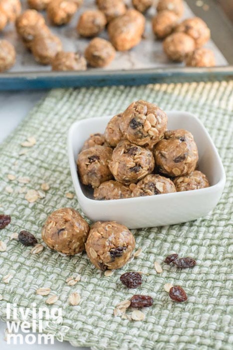 Peanut butter protein balls in a bowl
