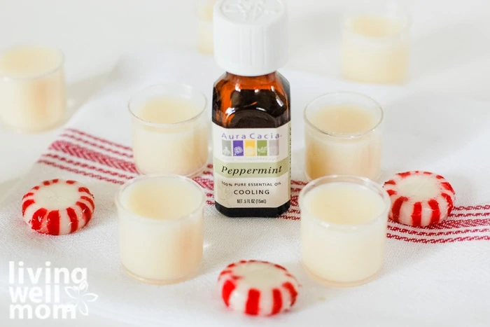 4 peppermint lip balm containers with essential oil
