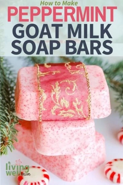 Stack of homemade goat milk soap bars with ribbon and peppermint candy
