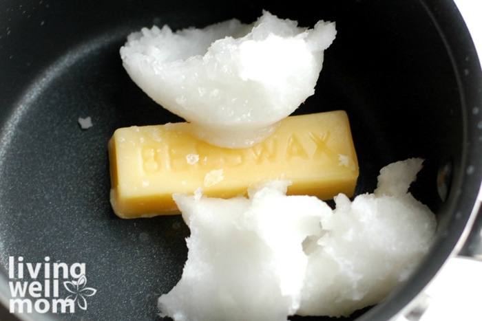 beeswax and coconut oil melting together as a lip balm base