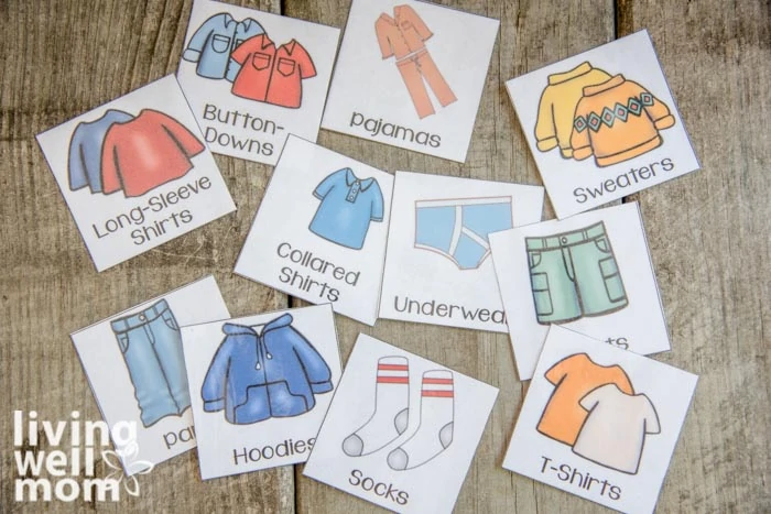 laminated picture tags to sort kids clothes