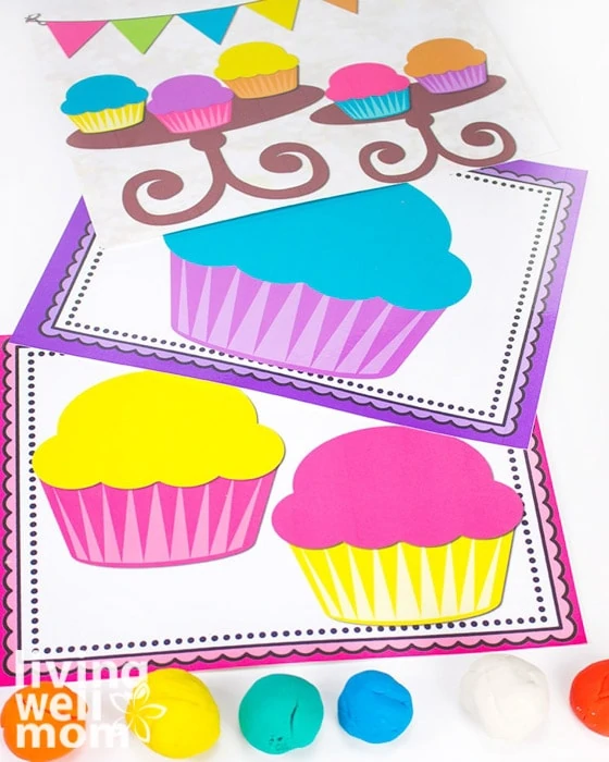 colorful play dough mats with cupcakes for preschool pretend play