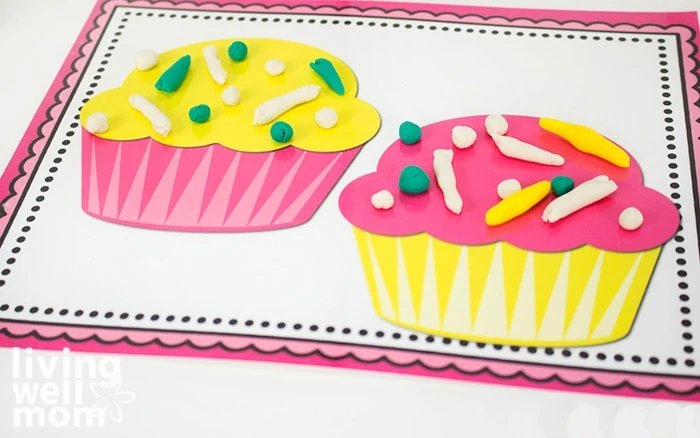 printable playdough mats with pink decorated cupcakes
