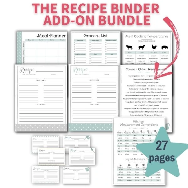 sample of pages included in recipe binder add-on bundle