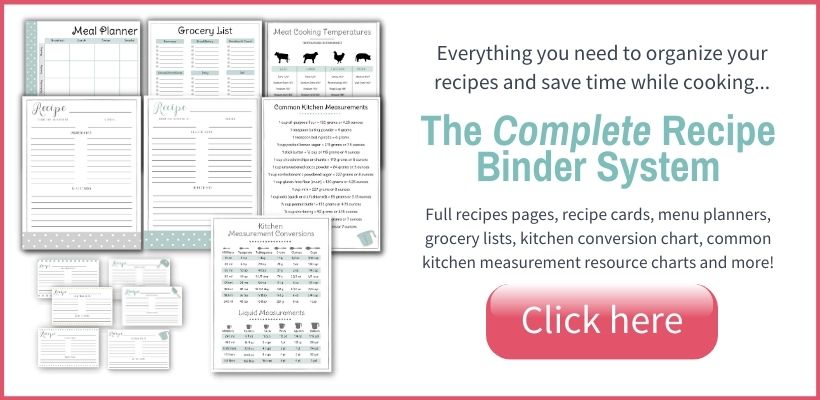 layout of printables included in complete recipe binder system