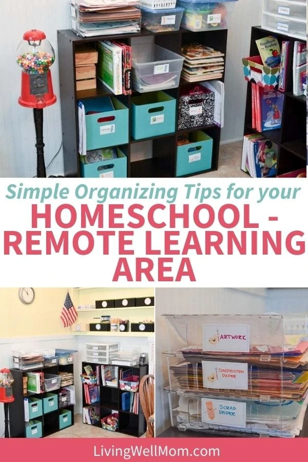 collage of images showing organized cubbies and shelves for learning at home