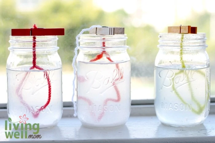 mason jars with pipe cleaners forming salt crystals as a fall STEM activity