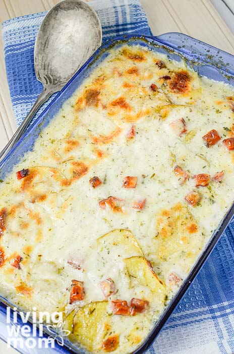 Baking dish with potatoes and ham