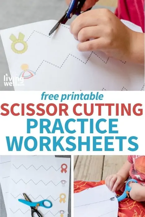 Pinterest image for free printable scissor cutting practice worksheets. 