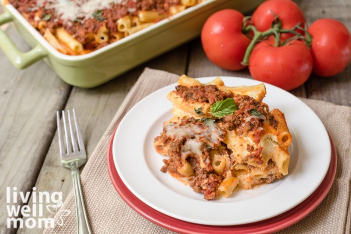 easy baked ziti on a white plate with a fork