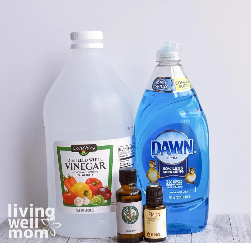 vinegar, dawn dish soap, essential oils for making shower cleaner