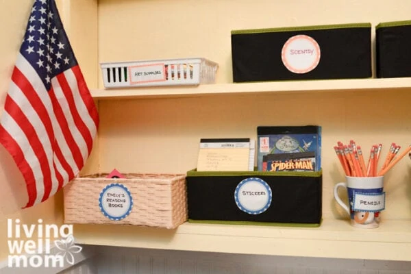 bookshelf with remote learning supplies for kids stored neatly in bins
