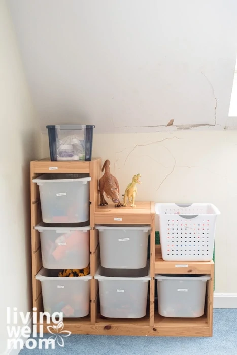 Labeled bins on a toy room 