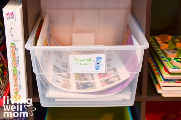 bin filled with kids craft supplies for collages