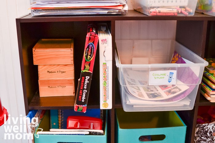 organizing kids craft supplies in cubbies 