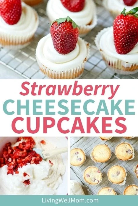Pinterest image for strawberry cheesecake cupcakes with fresh berries. 