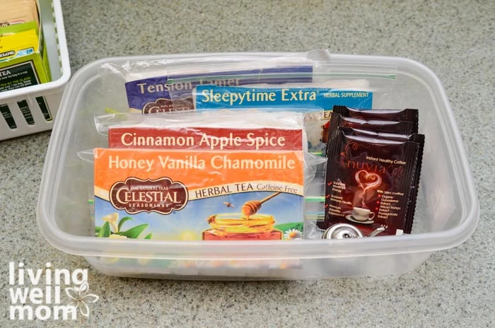 Plastic bin with organized tea bags in ziplocks