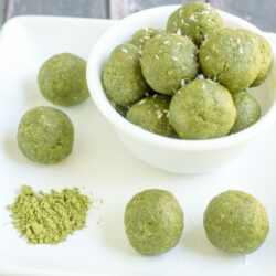 "In just 5 minutes, you can whip up a batch of these delicious Matcha Green Tea Energy Bites. This recipe is a perfect healthy pick-me-up for any time of the day. (Gluten-free, dairy-free, grain-free, and Paleo-friendly) "