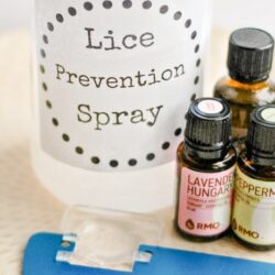 lice prevention spray with essential oils and magnifying glass lice comb